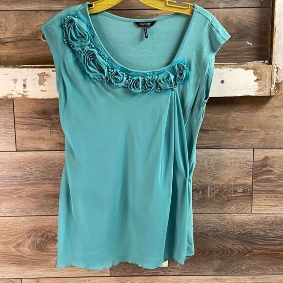 DAISY FUENTES Womens Floral Beaded Sleeveless Top Teal Size Petite Small - Picture 2 of 10